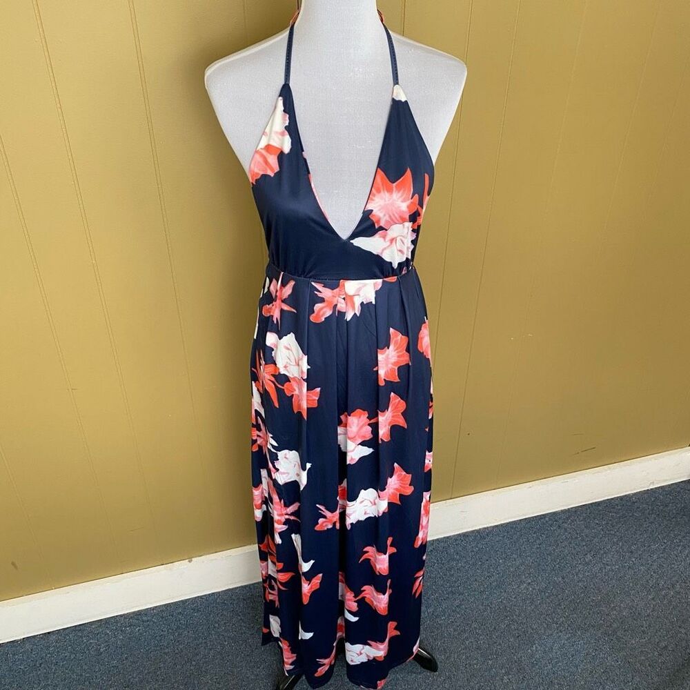 Women S cotton blend halter tie floral print maxi dress